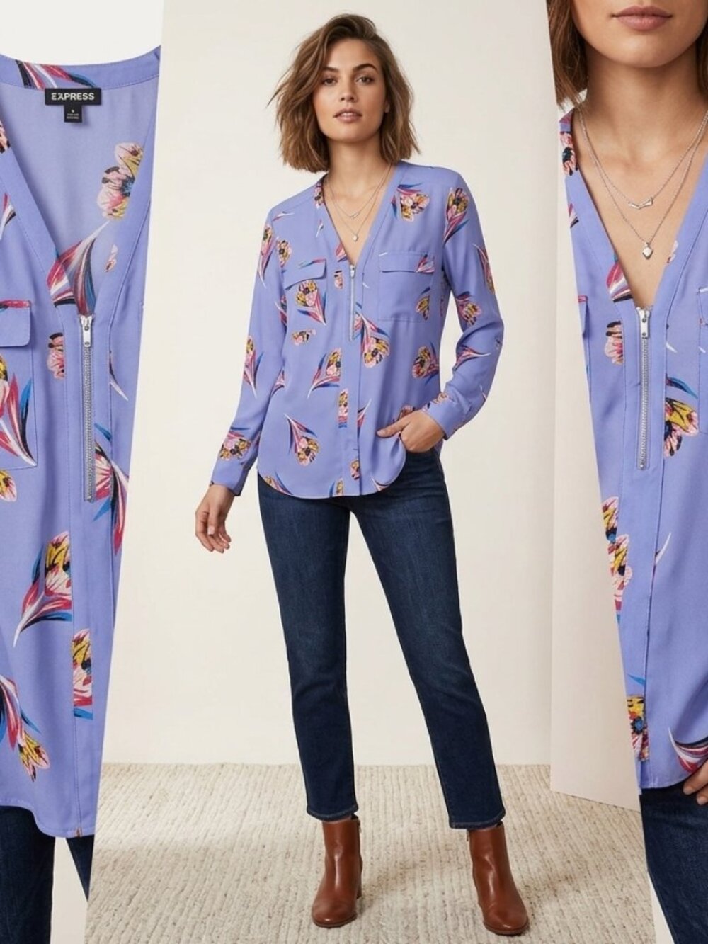 Women’s Express Floral V-Neck Zip Neck Blouse - Size XL